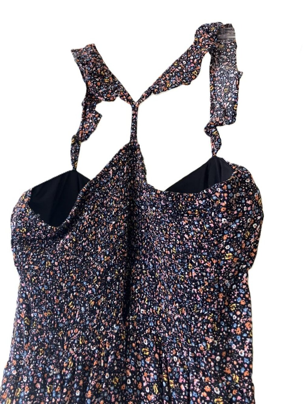 A.U.W. Floral Mini Dress Black Size XL Smocked Ruffle Straps Stretchy - Picture 4 of 11